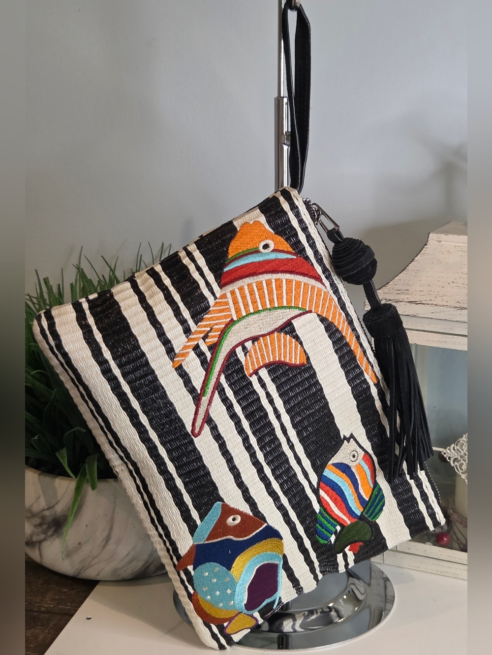 Sam Edelman Multicolor Fish Embroidered Stripe Clutch - Picture 2 of 8